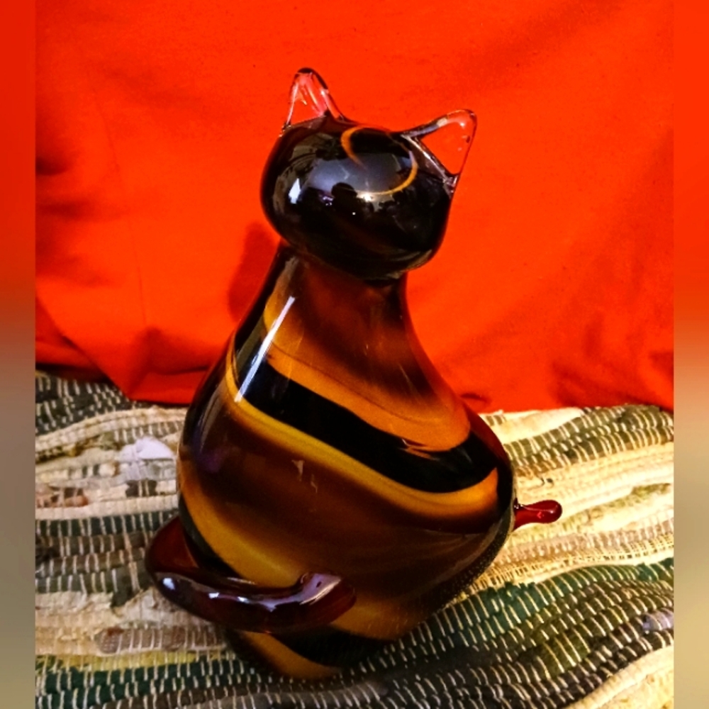 Murano Art Glass Sitting Cat Art Figurine Size 8"×6",Black,Amber,Clear,Nice Gift